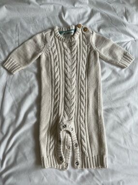 Cherokee Cream Cable Knit Infant Romper with Button Shoulders